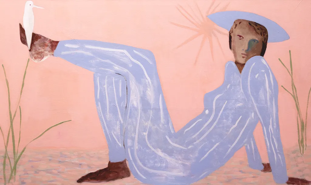 Painting of a woman in a light purple outfit and hat sitting on the ground with a white sandpiper on her raised foot