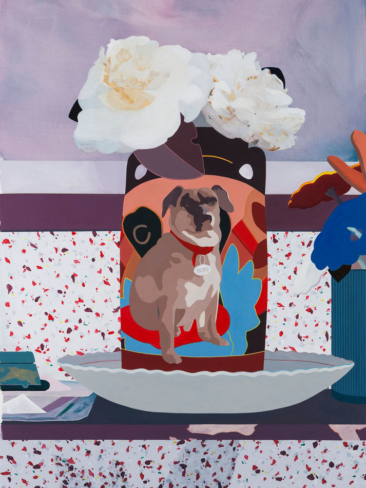 A painting of flowers in a vase with a dog painted on it by Francisco Diaz Scotto