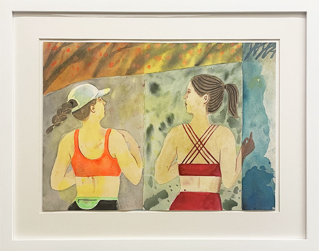 Painting on paper of two women running with a colorful rectangle background in white frame