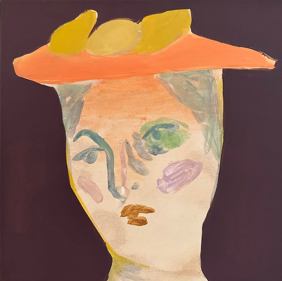 semi-abstracted painting of woman's face / wearing hat