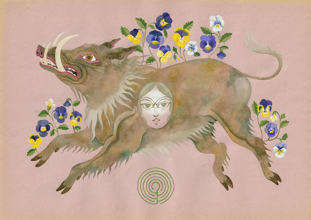 Watercolor painting of a hog with flowers coming off its back and a woman's face on the center of its stomach