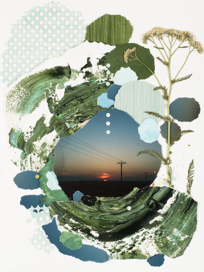 Multimedia collage of earthy elements, drawings, and paintings, in blue and green with a white frame