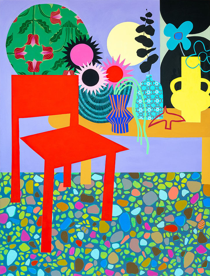 Painting of an interior with a bright red wooden chair next to a table that is full of flowers in vases on a purple background and pebble spotted floor