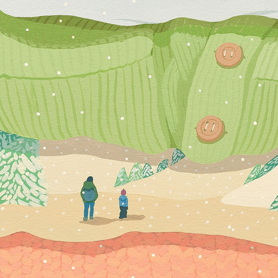 Detail of Danym Kwon's Watching the Snow Falling Softly, the snow scenery painted on the clothes of father and son walking through land and trees