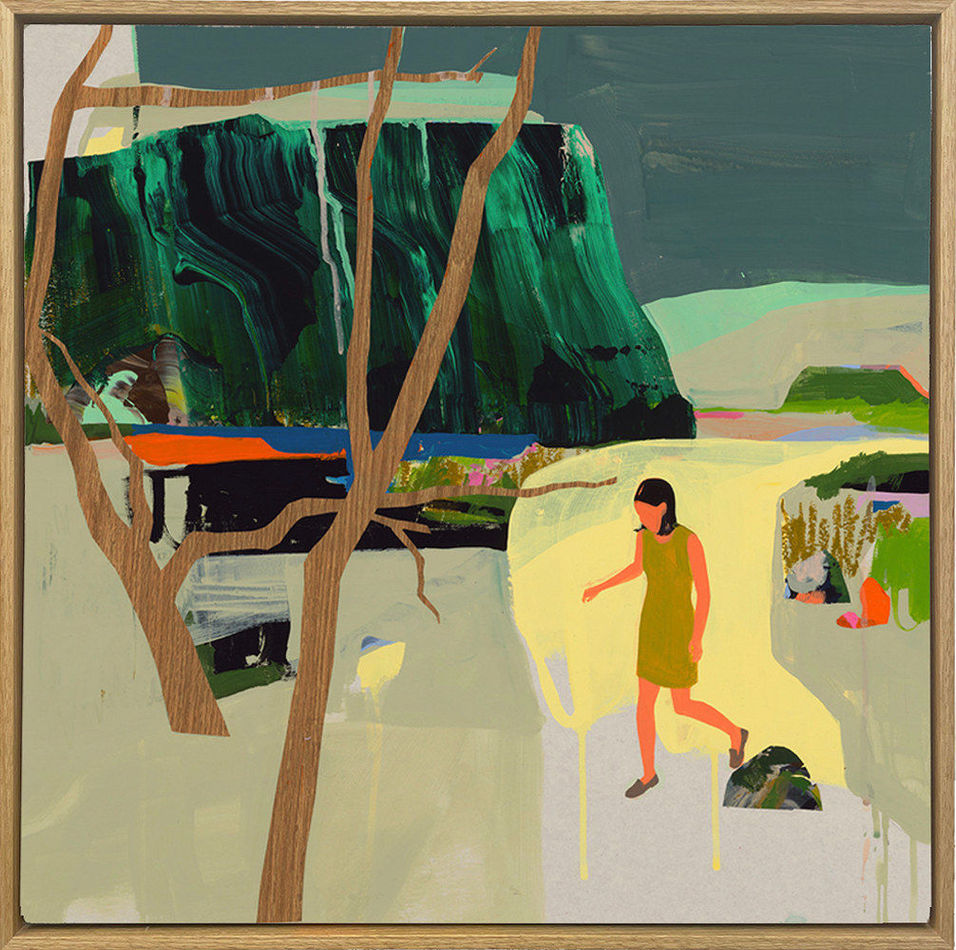 framed painting - woman in a green dress walking through a disjointed abstract background