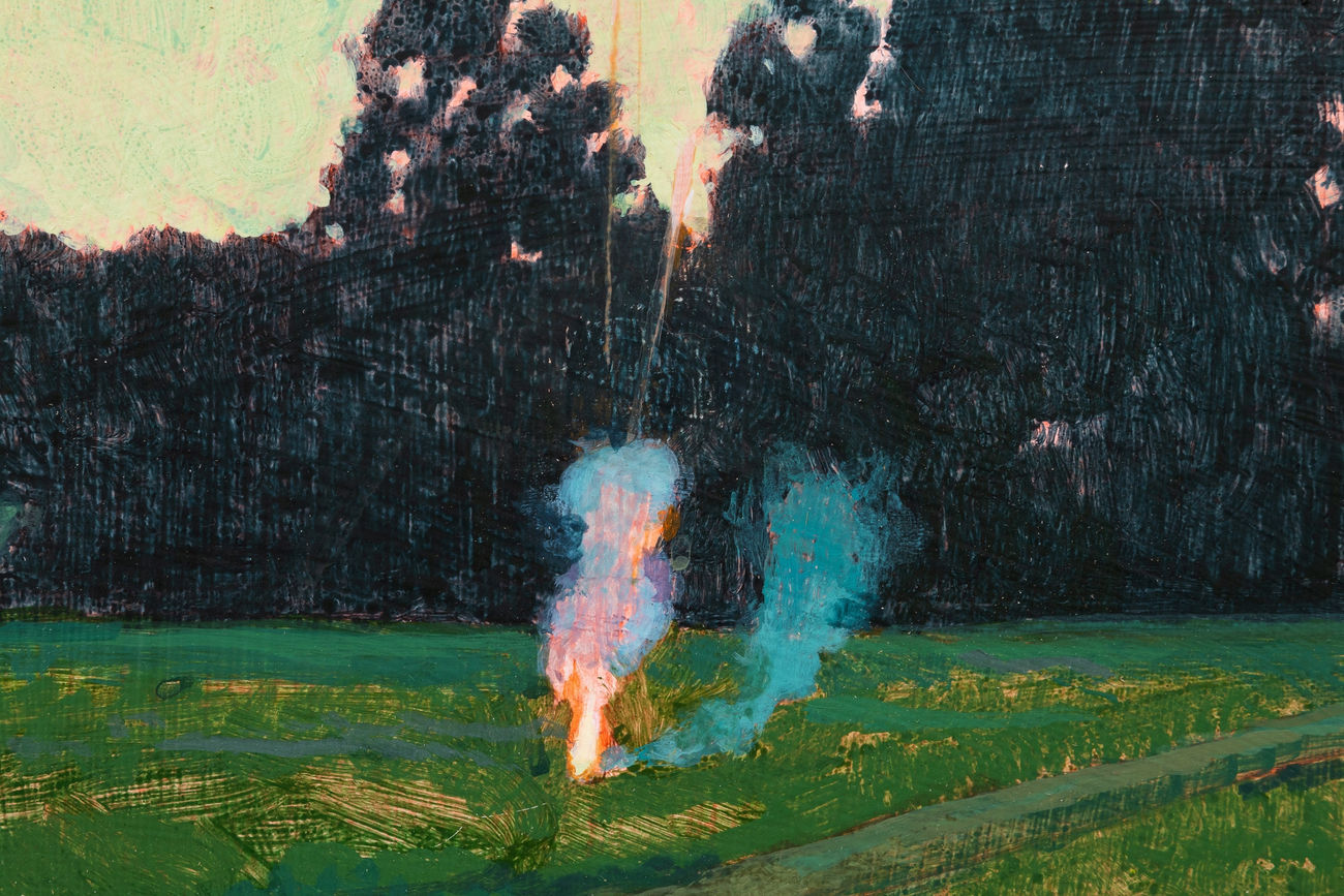 Painting of a firework going off in the middle of field with dark trees in the background