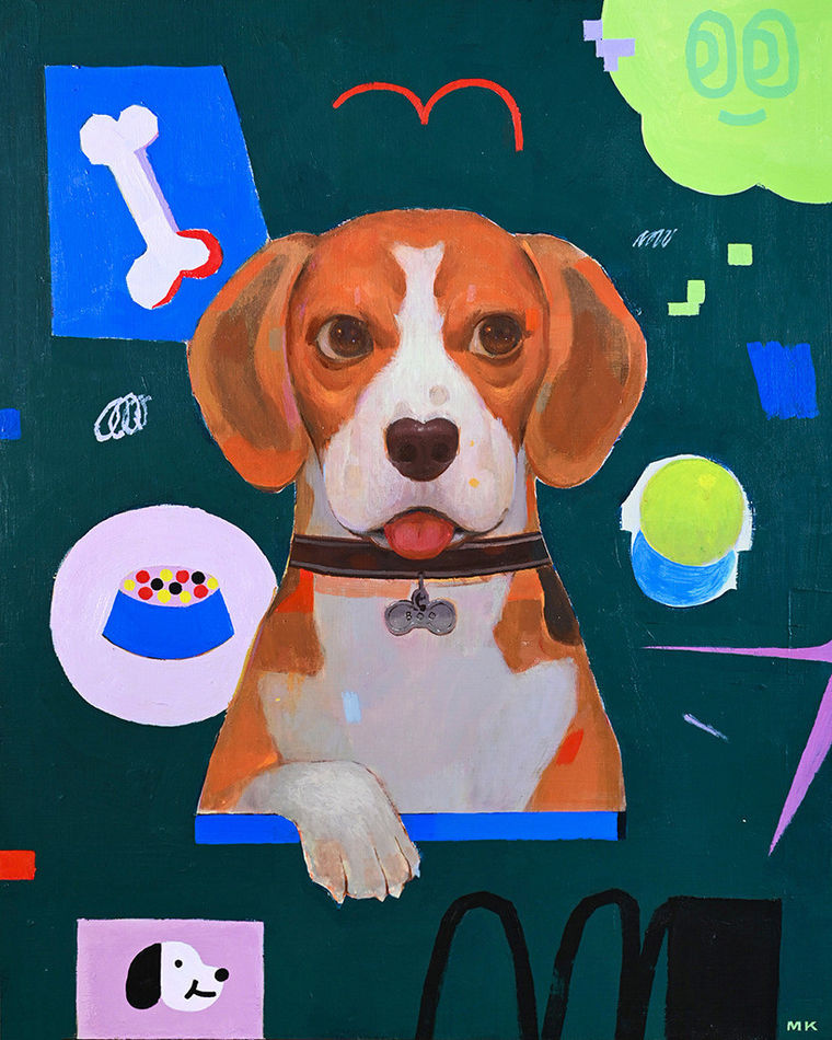 Matthew Kam - acrylic painting of a dog facing straight at the viewer with a green thinking bubble, a bone, and bowl of dog food, a ball, a picture of a smaller dog, and a black around it