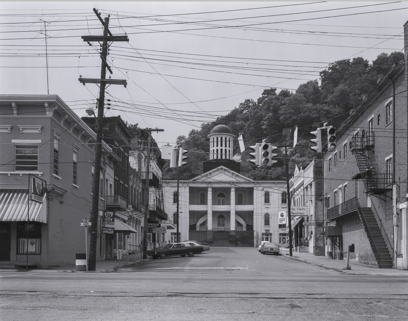 View of Meigs County Courthouse from Ohio Roverbank, OH 7, Pomeroy, OH, 1977