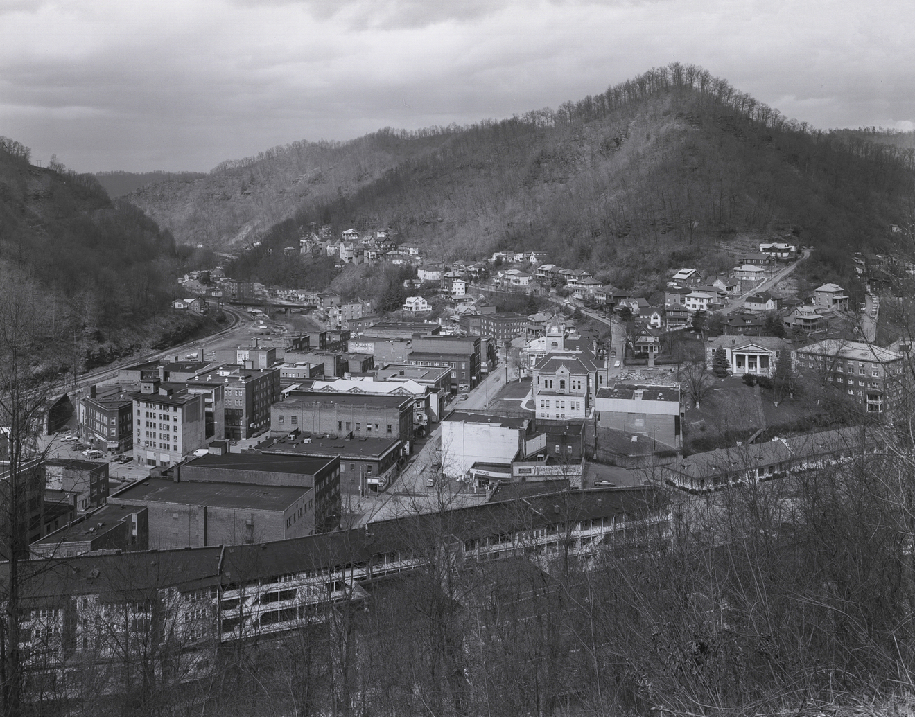 View of Welch, WV with Old and New Welch County Courthouses, US 52 and 52 Bypass, Welch, WV, 1977