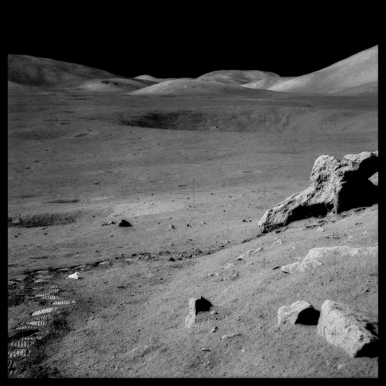 The Valley of Taurus-Littrow From Split Rock, With Trash and Footprints;&nbsp;, Photographed by Harrison Schmitt, Apollo 17, December 7-19, 1972