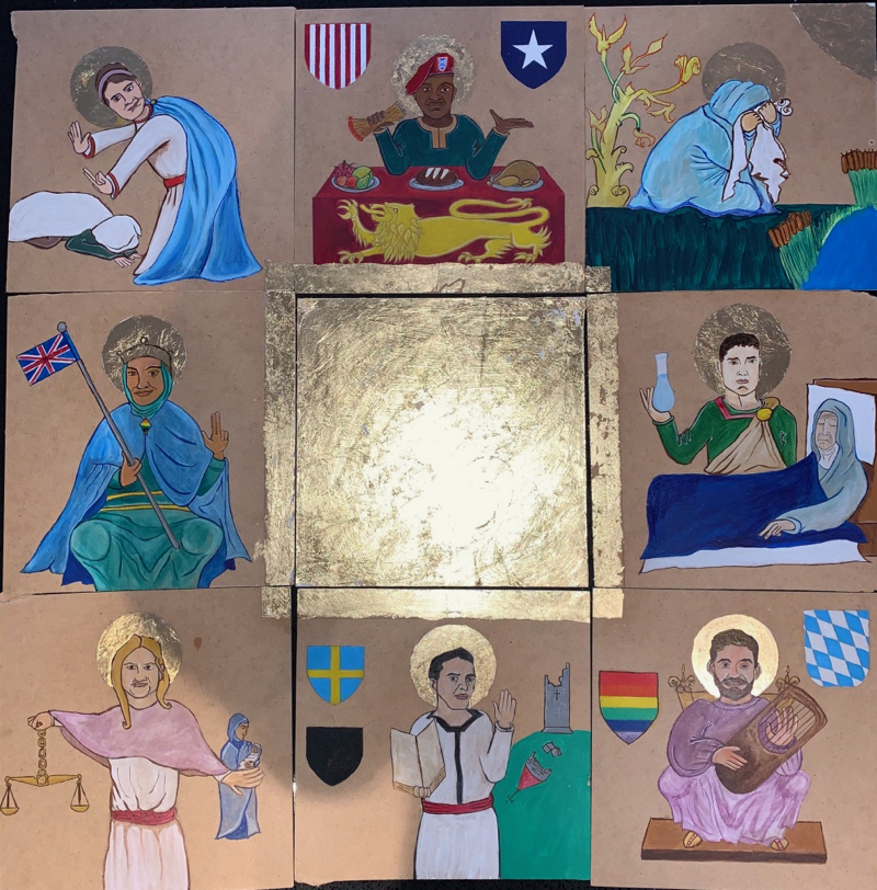 Pierre Novellie The Martyrs, 2019 Paint and ink on 9 individual hand cut wooden boards