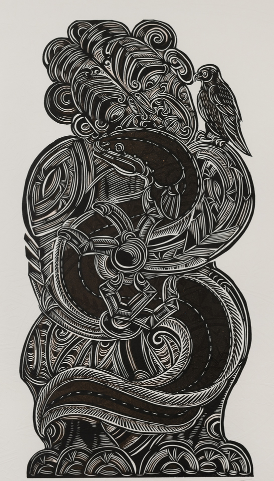 Michel Tuffery, Te Kaeaea / Taringa Kuri - Listening to the Stream - Tuna, Ngati Tama, 2024