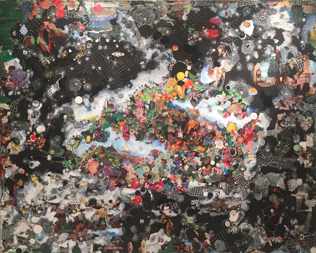 Sally Gil, On a Dark Ground, 2013-2016, collage, acrylic, casein and house paint on canvas, 54 x 68 in.