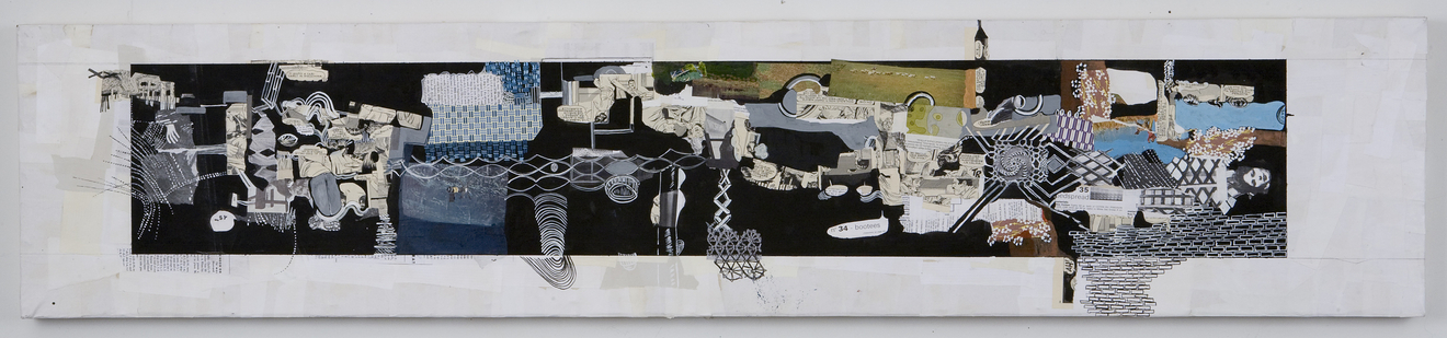 Sally Gil, Remain Calm, 2009, papier mâché on stretched canvas, 15 x 70 in.