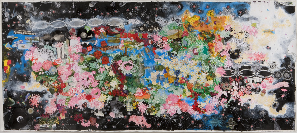 Sally Gil, Space Funeral, 2010, collage and paint on paper, 42 x 93 in.