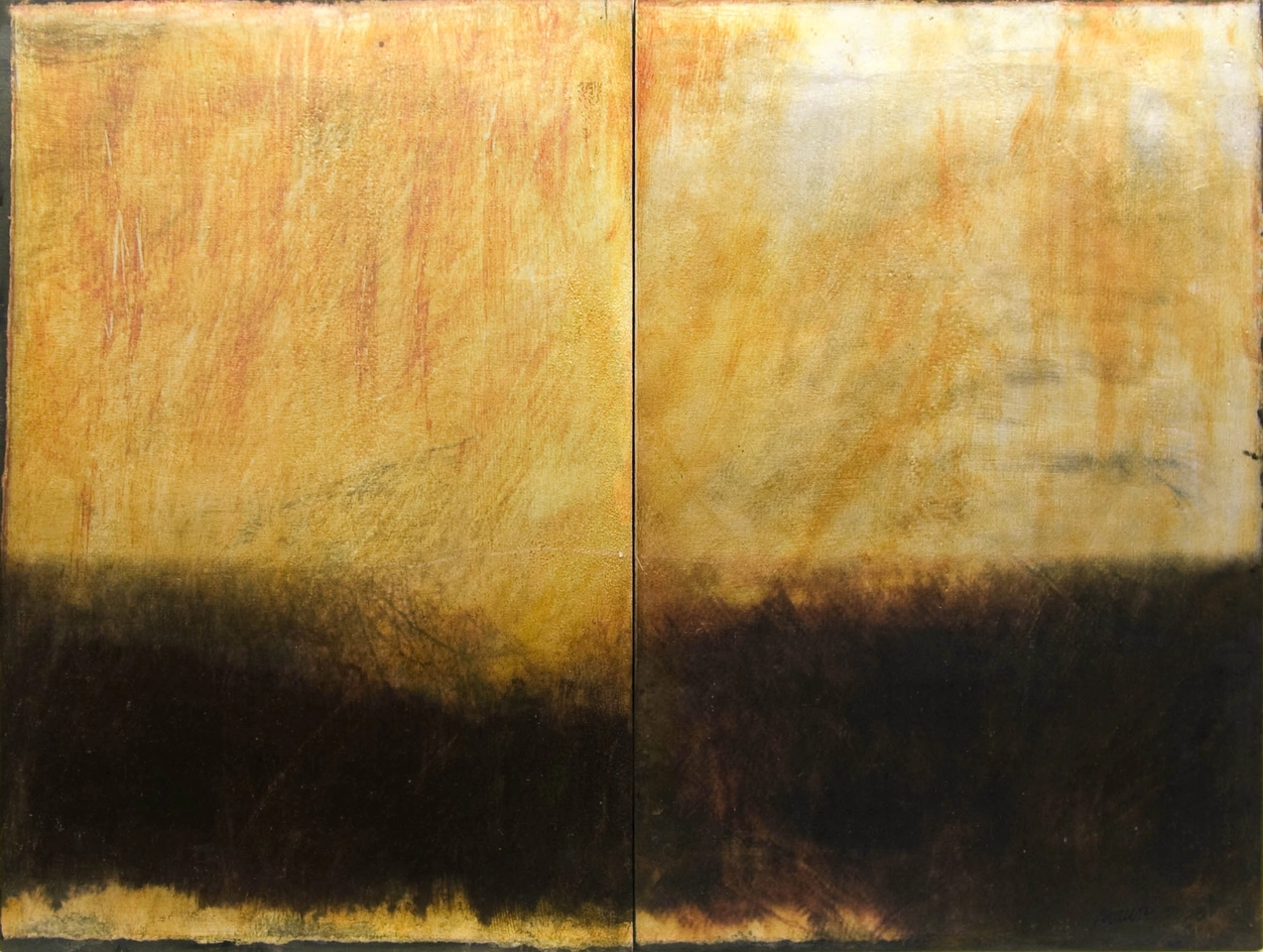 Dorothy Simpson Krause, Silver Rain (diptych), 2008, custom textured substrate on board with mixed media, 24 x 32 in.