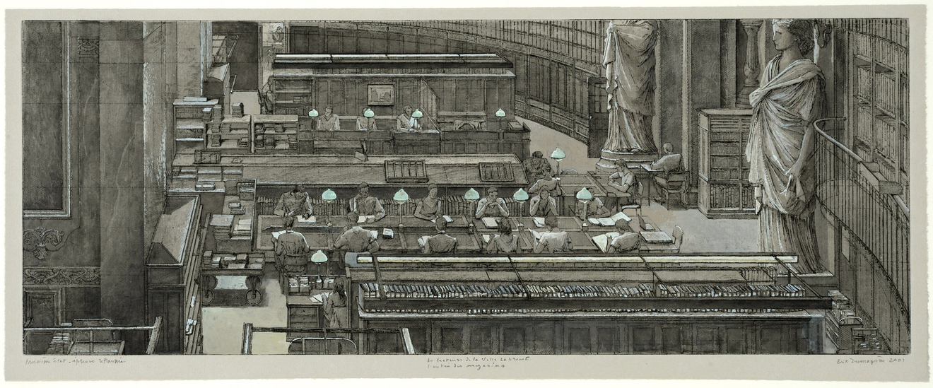Érik Desmazières, Les lecteurs de la salle Labrouste. L’entrée des magasins. (épreuve rehaussée), 2011