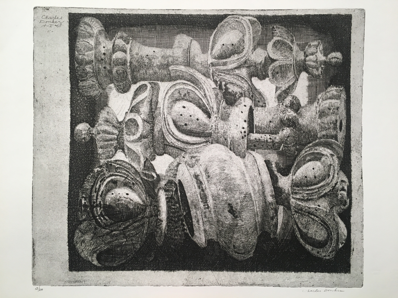 Charles Donker, Ornamenten : Houten schaakstukken met wormgaatjes (Ornements : Pièces d'échec en bois trouées par des vers), 1968