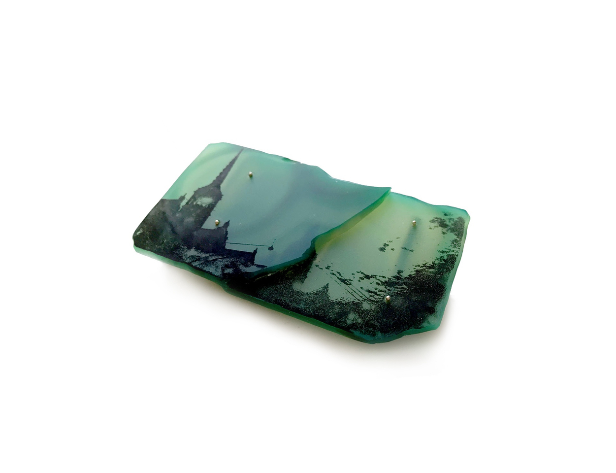 Alejandra Solar  Aire Verde, 2017  Brooch  Coloured agate, silver and print  7,5 x 4 x 0,5 cm