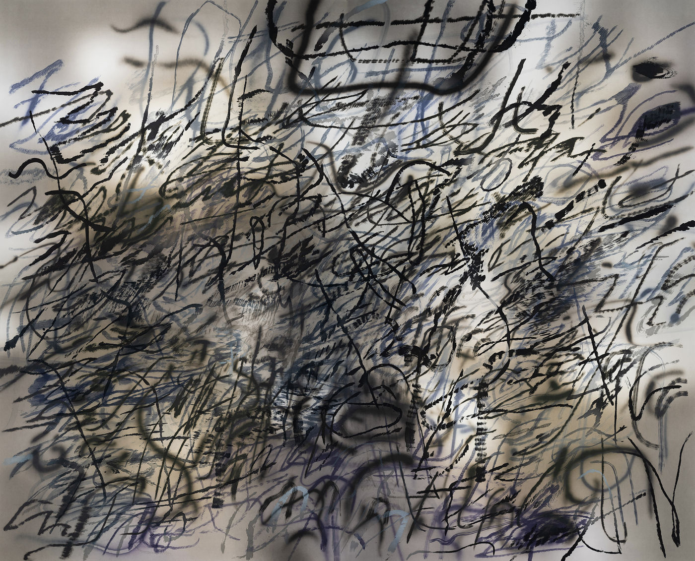A greyscale abstract artwork by Julie Mehretu