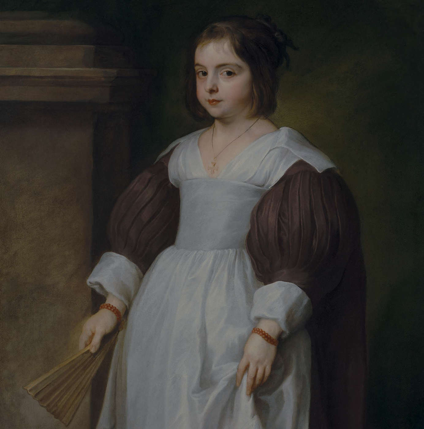 Portrait of a young girl by Antony Van Dyck, she young girl wears a white a white and brown dress and is holding a fan. this artwork is for sale.