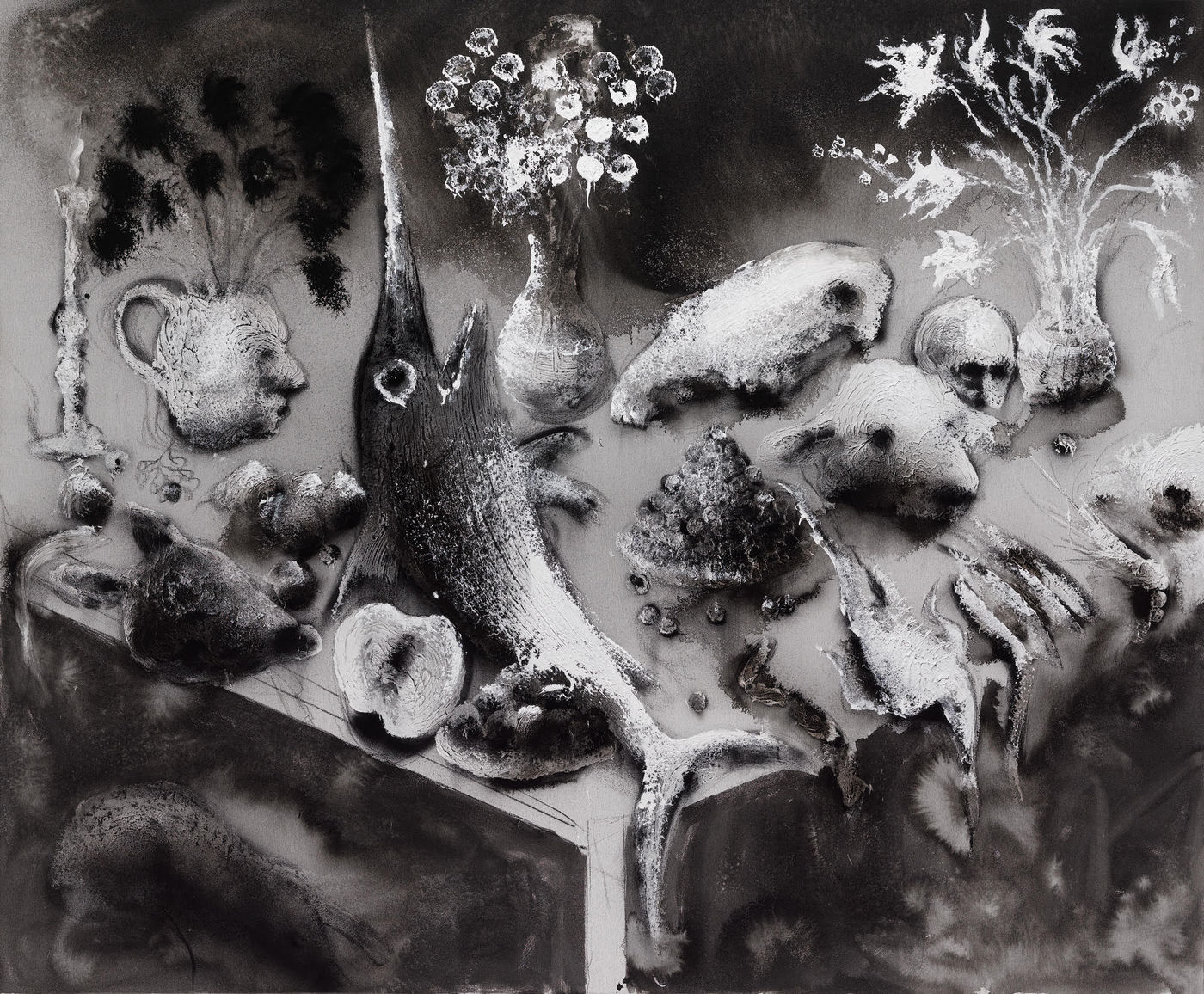 The jug-self-portrait with black flowers is from Gauguin. I now think the other heads are also self-portraits. Even the swordfish....