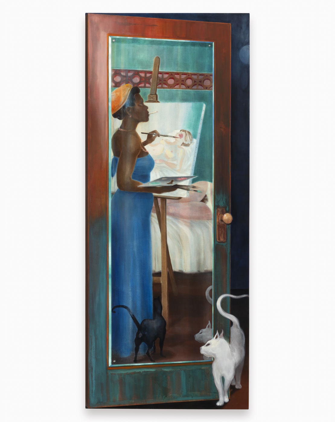In this mirror image, Brice makes reference to Manet's The Cats&rsquo; Rendezvous (1868; Art Institute Chicago): a reference she included...