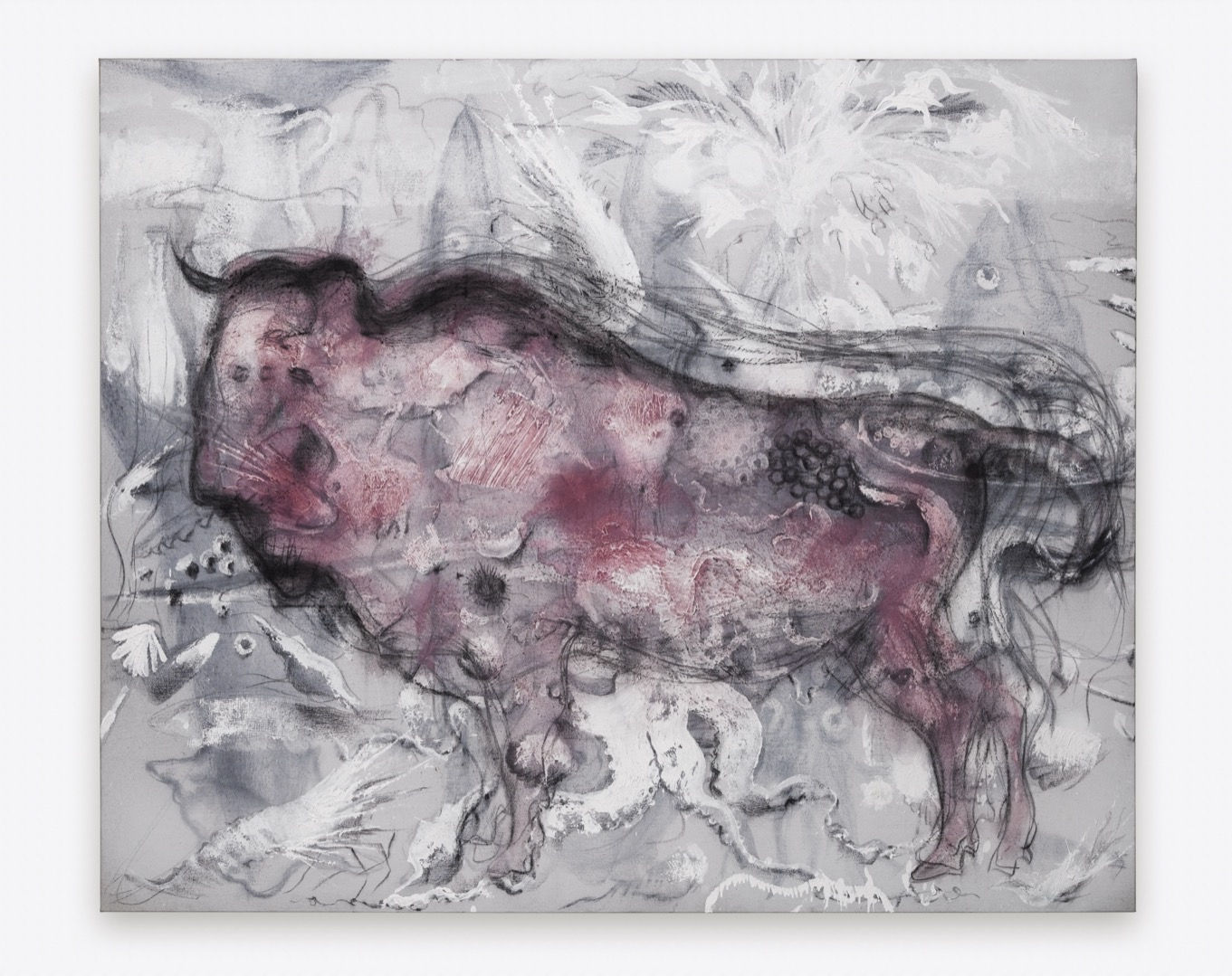 The bison covers a large still life. Like the Jurassic folded over the Holocene, or the opposite. Chauvet, Altamira, El...