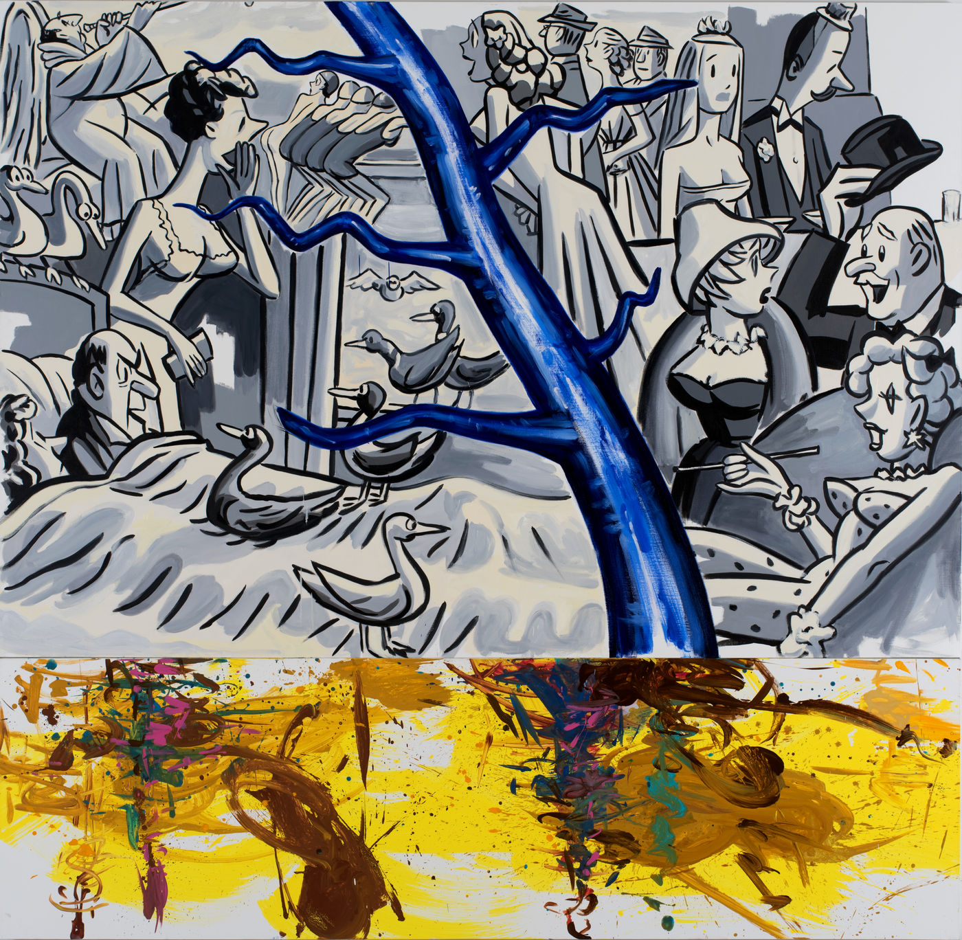 Paintings like The Old Crowd (2022) act as an encore, bringing together the entire cast of the series. The group...