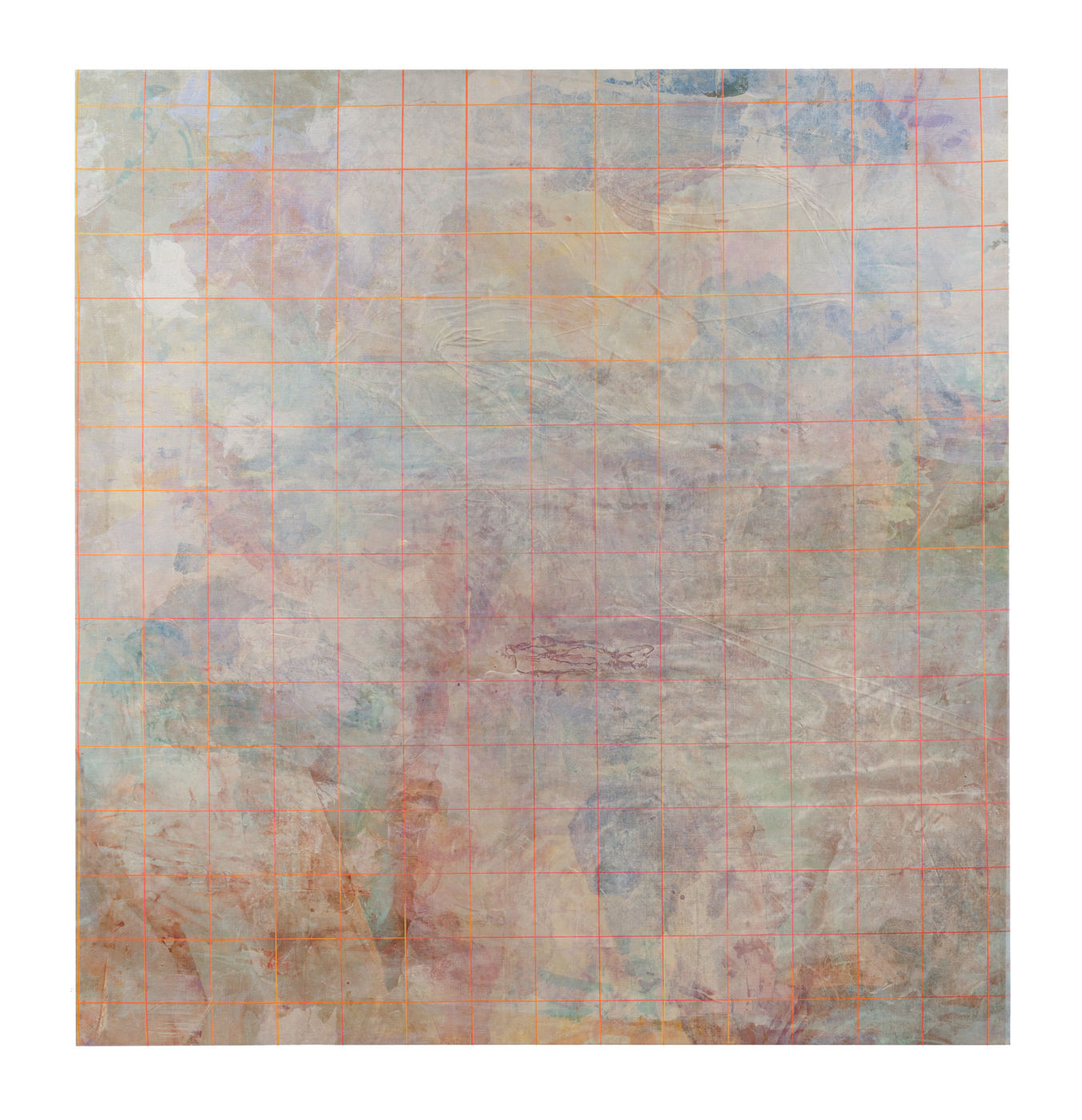 Several of the paintings are overlaid with gridded lines that reference the laser levels used to install works in a...