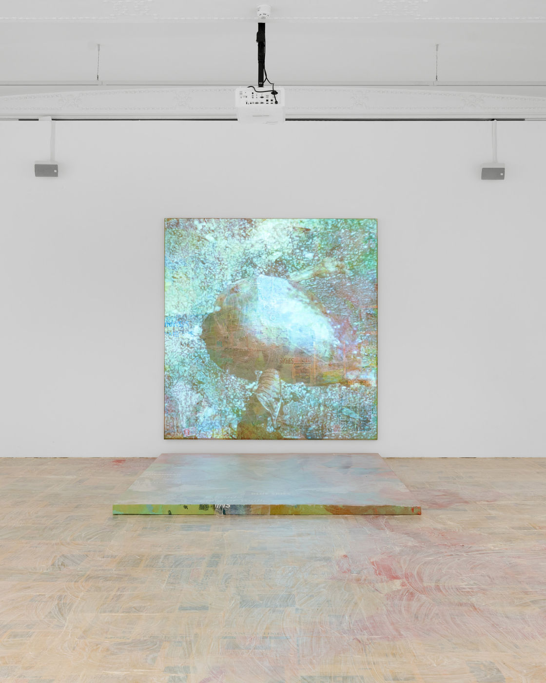 Projected against the surface of a White Grounds painting, a video work splices together images with film and audio clips...