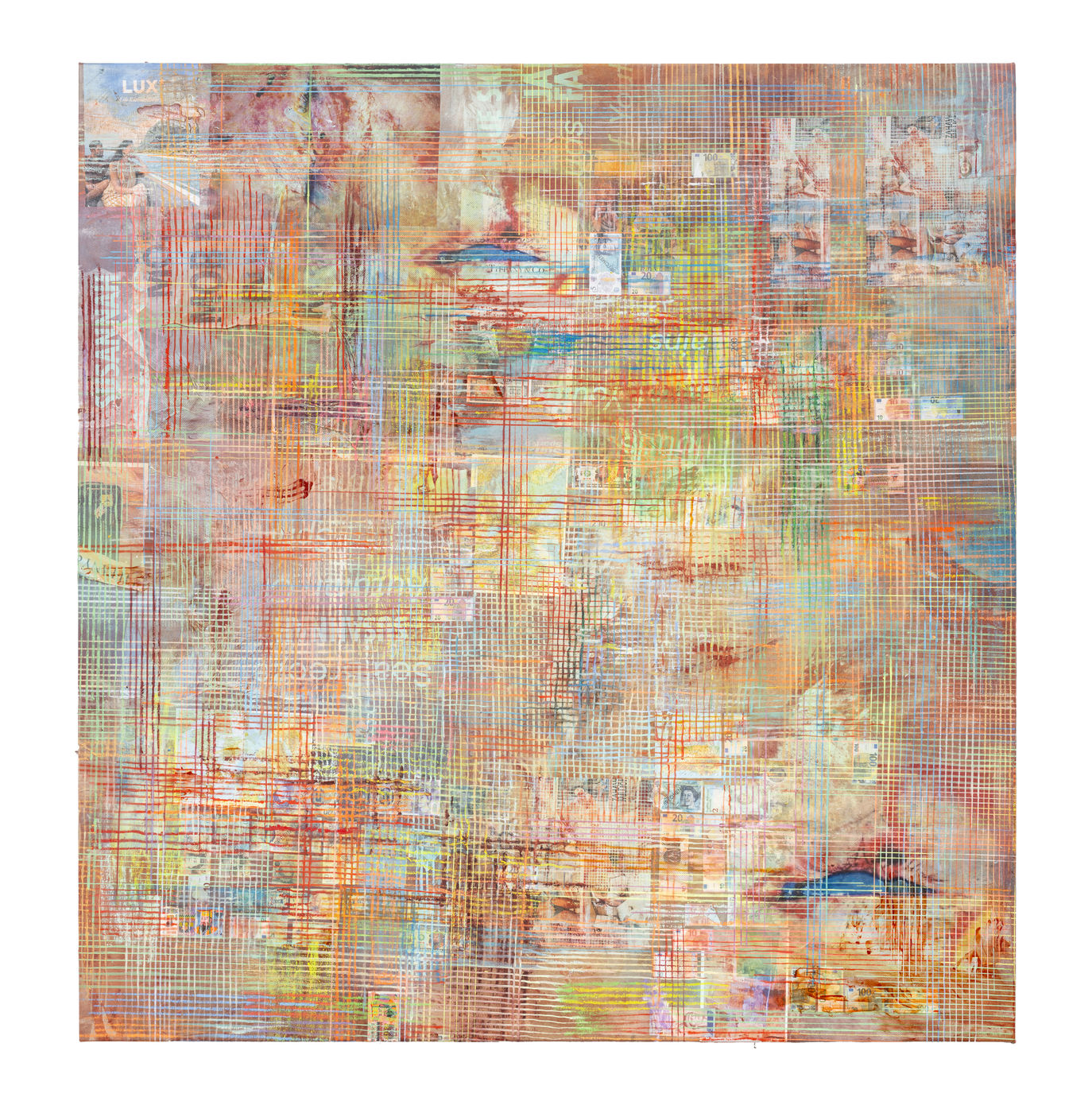 First used by El-Sayegh in 2010, the hand-painted grid is conceived as a symbolic &lsquo;holding device&rsquo; for the unruly collage...