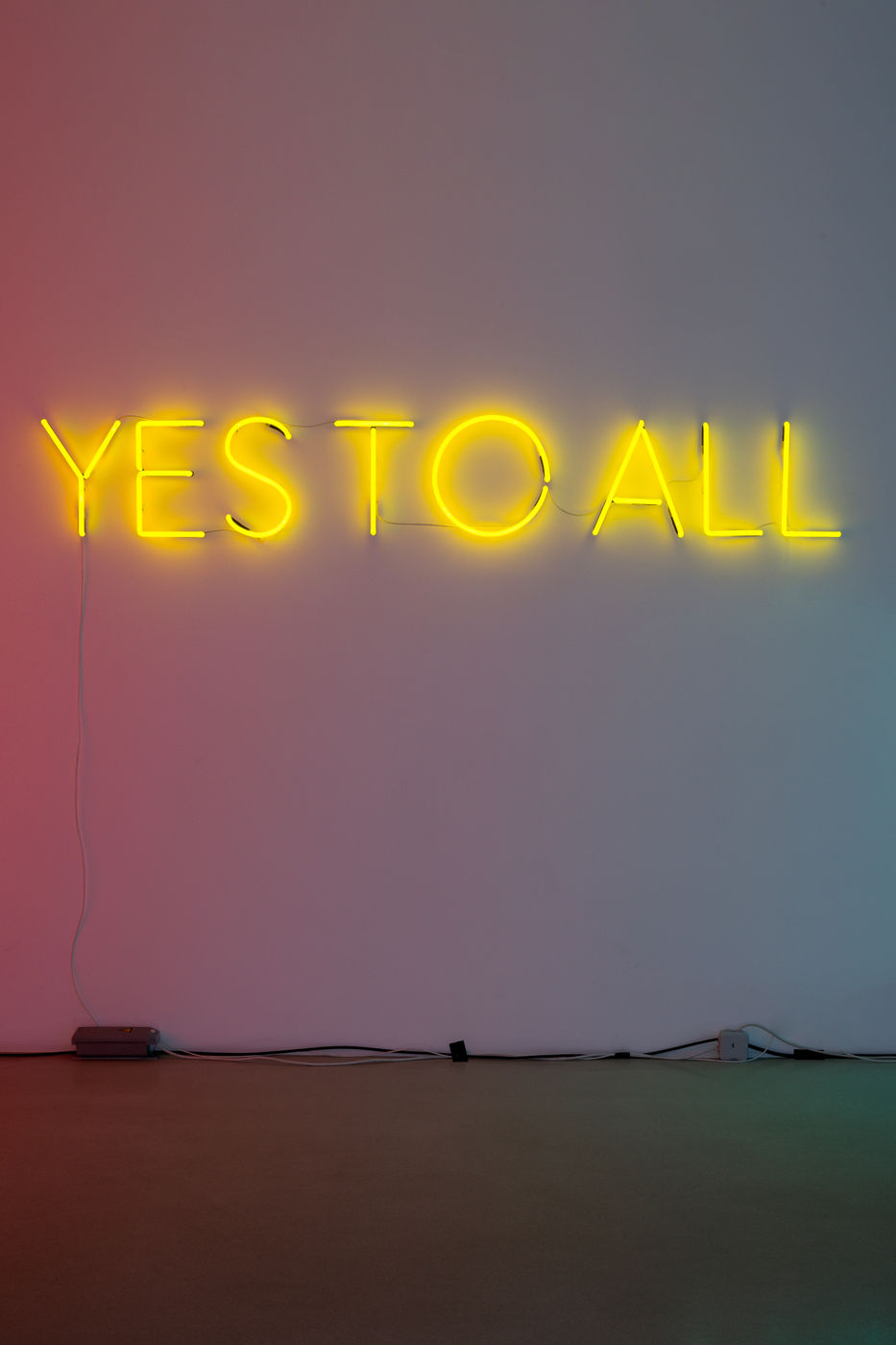 Upon entering the exhibition space, the visitor is illuminated by an all-capital-letter YES TO ALL &ndash; Fleury&rsquo;s best-known neon message....