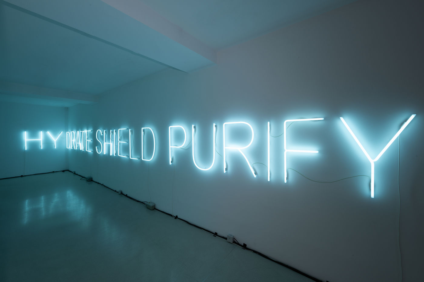 Hanging along two adjoining walls, a series of works from 2001/02 enjoin the viewer to &lsquo;HYDRATE&rsquo;, &lsquo;SHIELD&rsquo; and &lsquo;PURIFY,&rsquo; playfully...