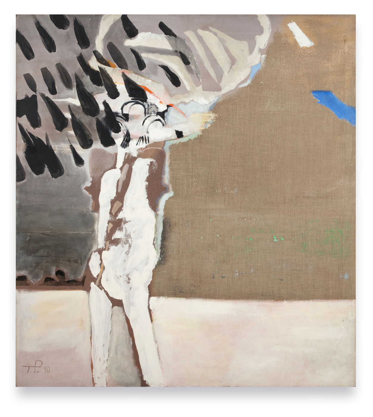 Odlot ptak&oacute;w (Departure of the birds, 1990) depicts a figure in a vast, indeterminate landscape. Overhead, the silhouettes of birds...