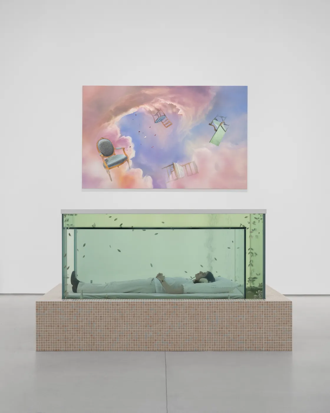 Ariana Papademetropoulos Water Based Treatment, 2026 Fish tank, mattress and headphones 157 &times; 284 &times; 185 cm (61.81 &times; 111.81...