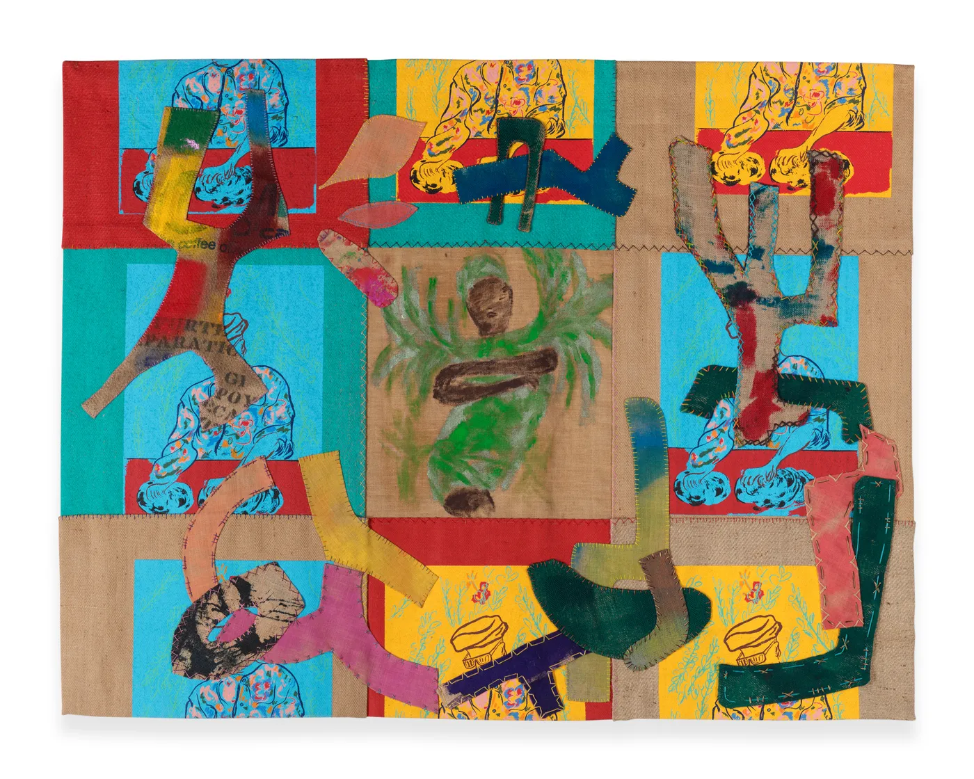 Alvaro Barrington On the Road (TMS) A3, 2024&ndash;26 Oil, acrylic, flash, enamel on burlap / silk screen printed burlap, cotton...