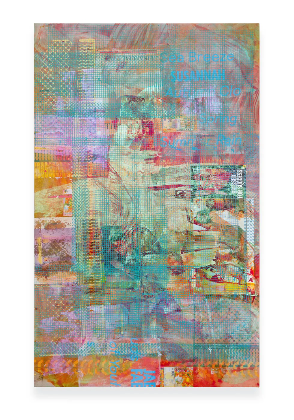 Mandy El-Sayegh Net-Grid Study (Dressed to kill), 2024 Oil and acrylic on canvas with collaged and silkscreened elements 210 x...