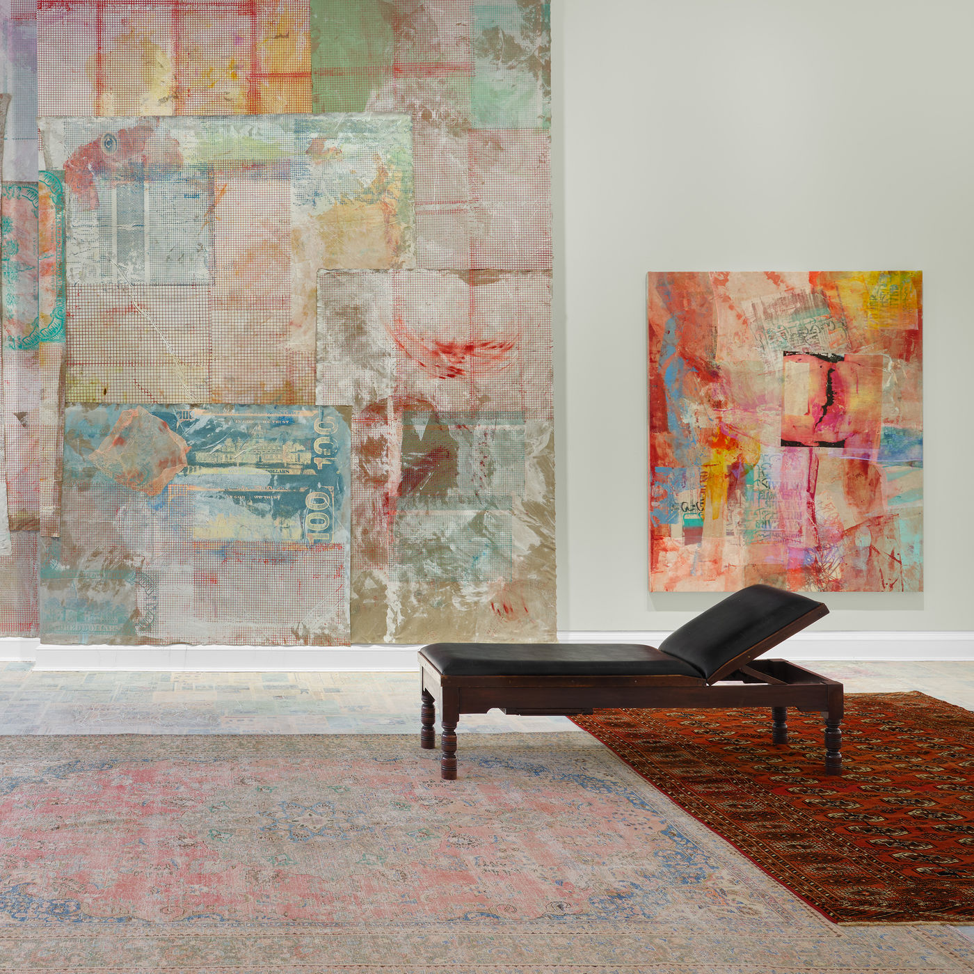 Juxtaposing her paintings with antique examination couches and Persian rugs against a wall painted in eau de Nil &ndash; a...