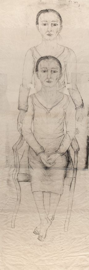 Standing and Seated Girl, 2004&nbsp;&nbsp;&nbsp;  Collage and ink on Nepal paper 84 x 31 inches