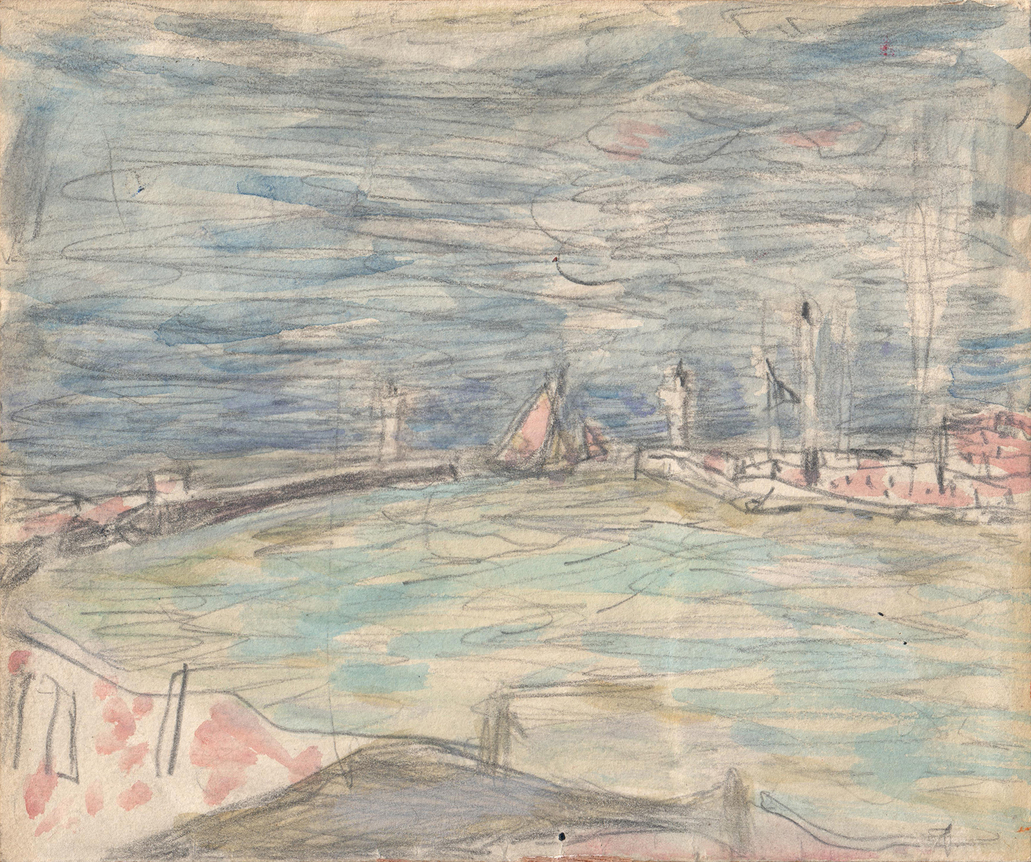 Pierre Bonnard Sailboats at the Entrance to the Port, c. 1925  Watercolor over pencil on paper 4 1/4 x 5 inches