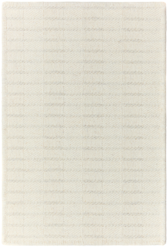 1'6" x 2'3" trystia sample in the ivory colorway. horizontal lines sweep across the sample with some parts of the line being a shade darker, creating a dash effect