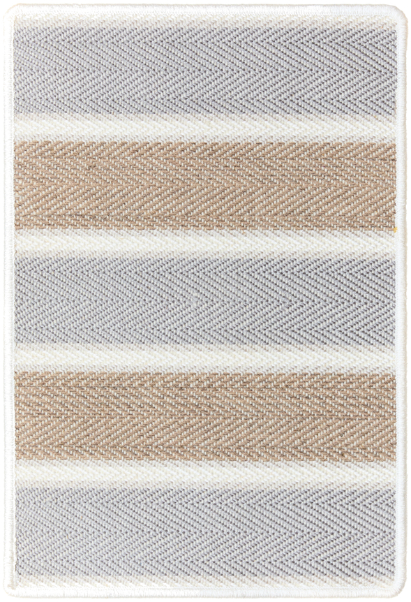 kailani 1'6" x 2'3" sample in the villa colorway. four thin lines made of chevron patterning lay horizontally on the sample with thick alternating gray and brown colored blocks in between the white chevron lines