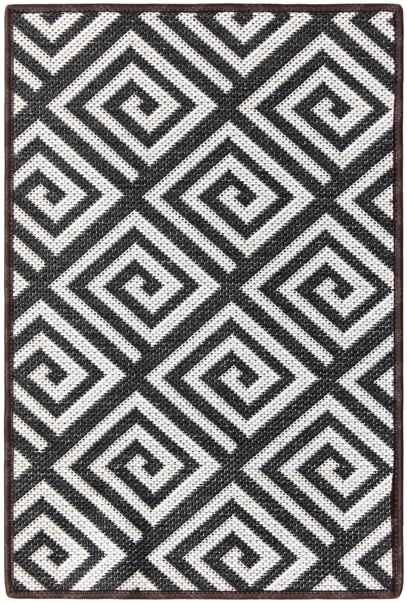 bacchus 1'6" x 2'3" sample in the midnight colorway. it is dark blue with swirly diamond white lines. it looks similar to greek key
