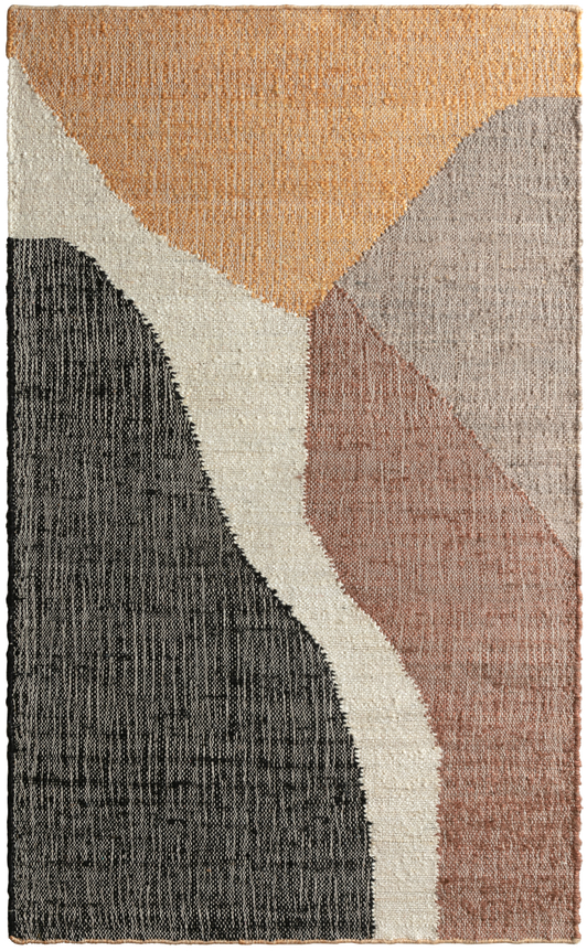 flatwoven jute rug with organic shapes encompassing the whole rug using 5 colors: orange, white, black, brown, and grey