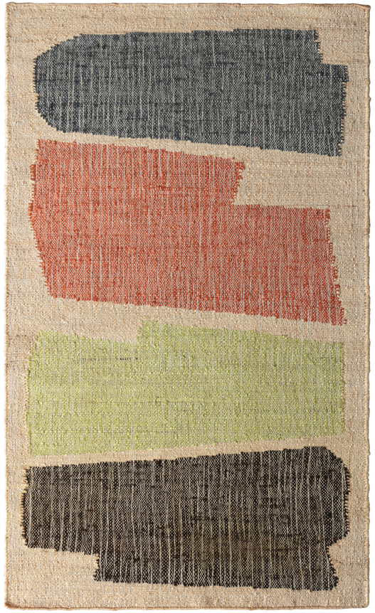 natural flatwoven jute rug with four whimsical navy, red, spring green, and black organic shapes vertically lined out on the rug