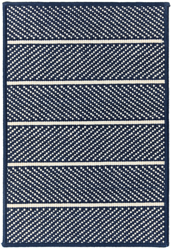 1'6" x 2'3" springfield sample in the navy colorway. the design contains thin horizontal lines separating a dotted field.