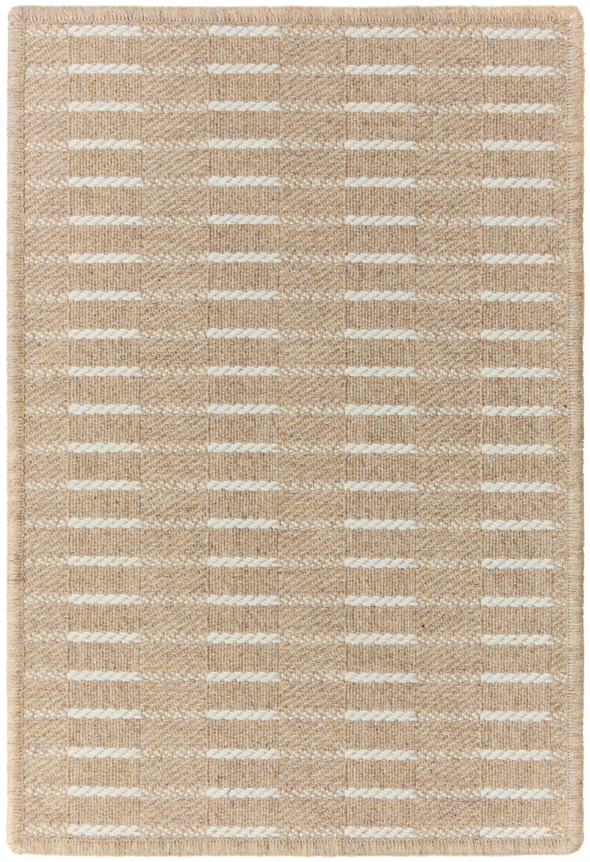1'6" x 2'3" trystia sample in the wheat colorway. horizontal lines sweep across the sample with some parts of the line being a shade darker, creating a dash effect