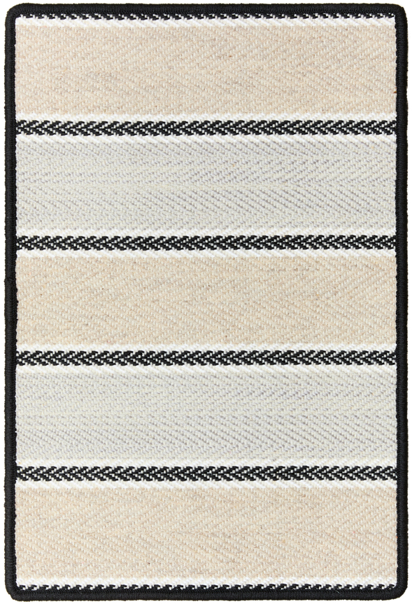 kailani 1'6" x 2'3" sample in the shoreline colorway. four thin lines made of chevron patterning lay horizontally on the sample with thick alternating sand and light blue colored blocks in between the dark chevron lines.