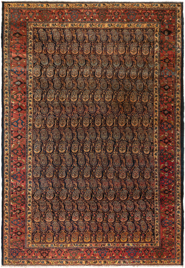 rust colored border with black field bidjar antique rug
